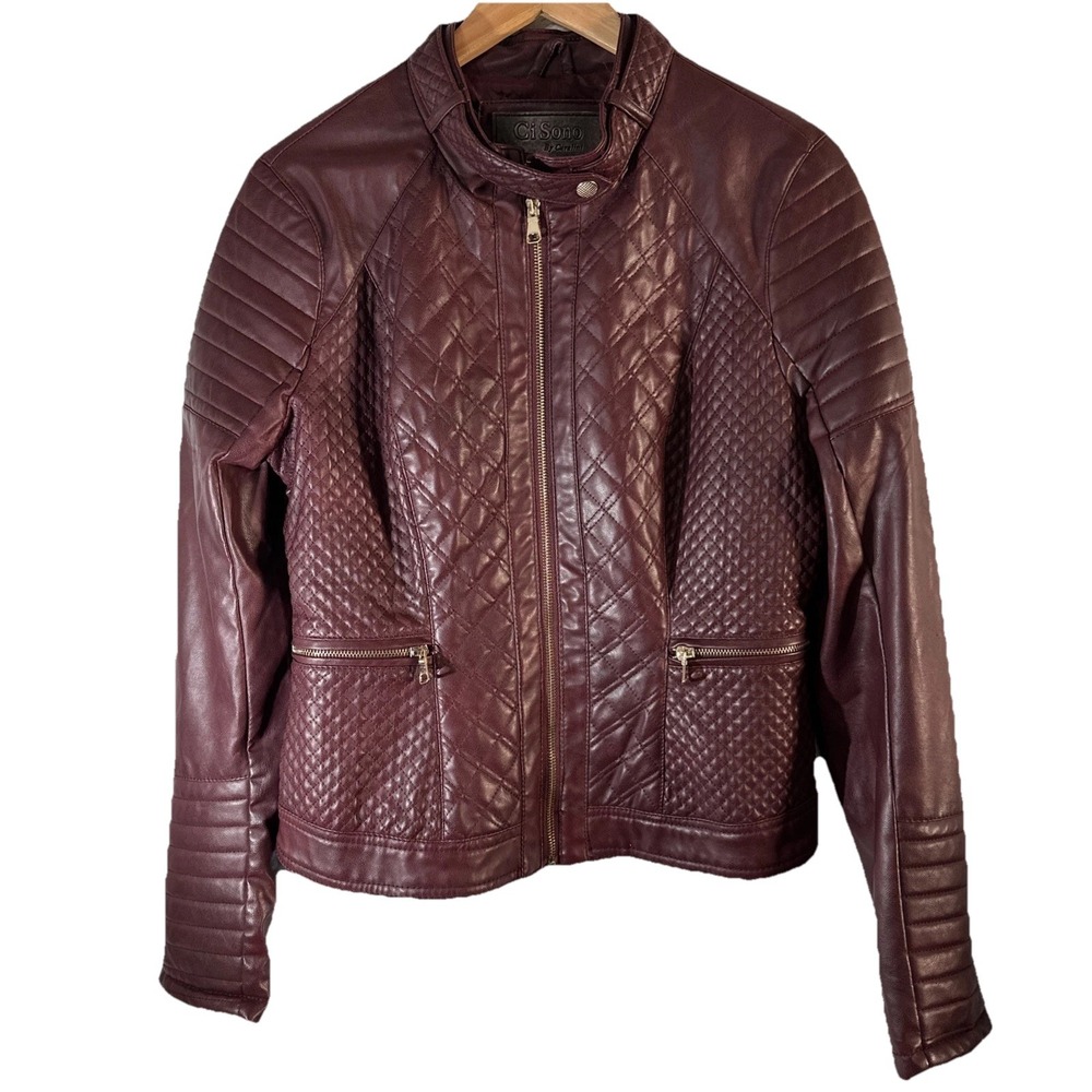 Ci Sono Cavalini Women Jacket Faux Leather‎ Quilted Full Zip-Up Burgundy Size M